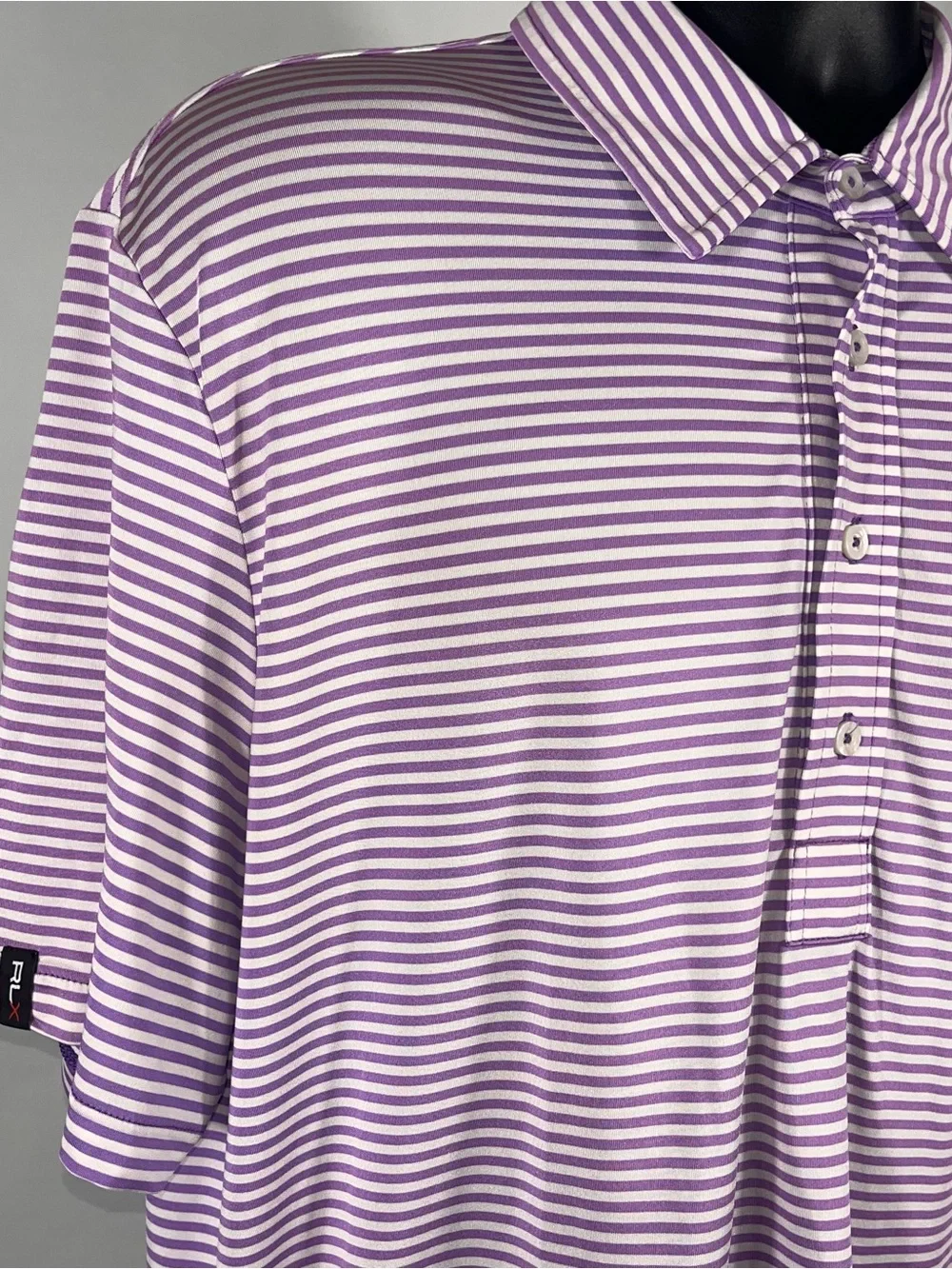 RLX Men Polo Shirt L Gold Performance Stretch Wicking Purple Striped Embroidered
